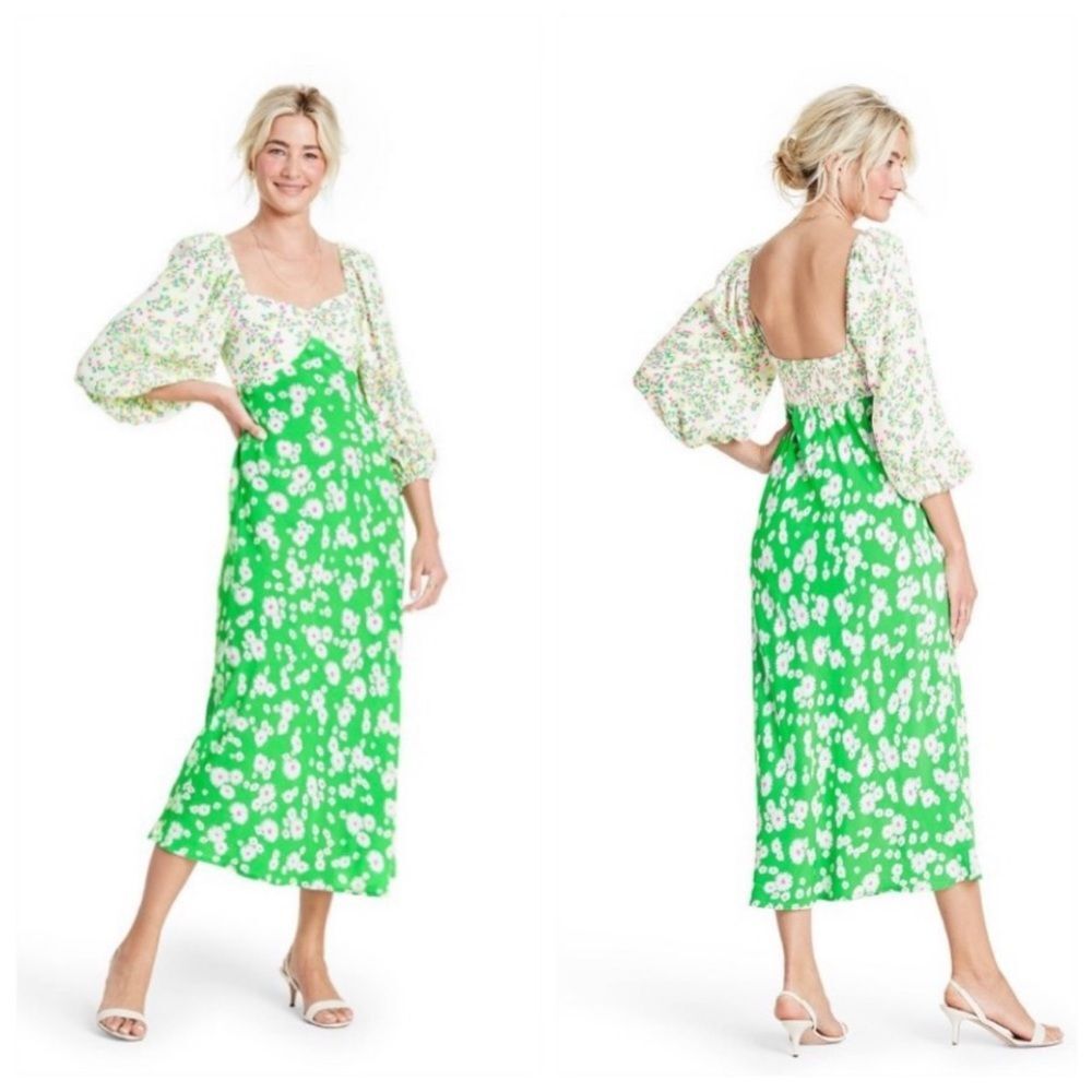 RIXO for Target Floral Daisy Green Long Sleeve Midi Dress Size 2